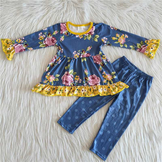 navy blue flowers pants girl set