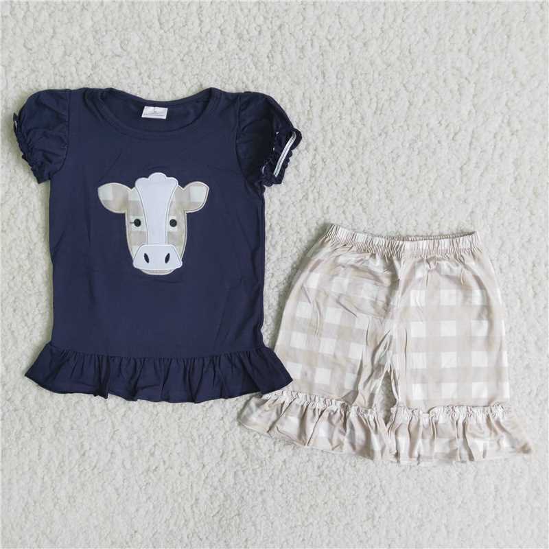 Girls Embroidered Bull Head Dark Blue Puff Sleeve Beige Plaid Pants Outfit