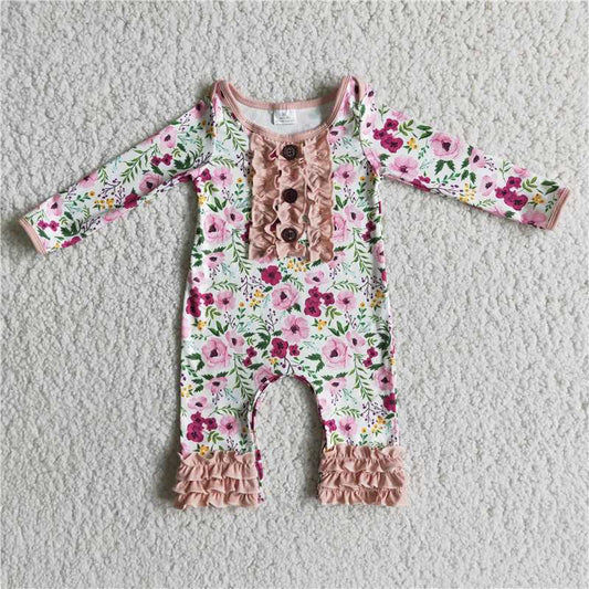 long sleeve romper with button flowers pattern