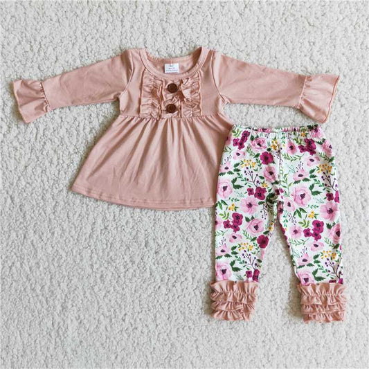 6A4-13 girls clothing long sleeve long pants  baby girl outfit milk silk flower  print