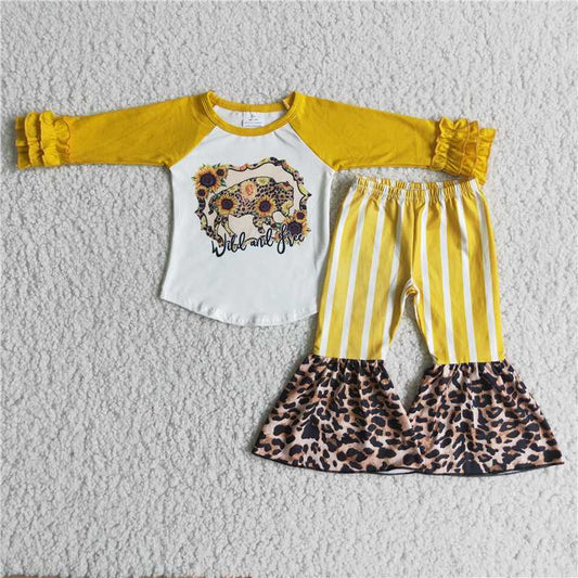 6 A0-3 2 pcs dress top with bell bottom pants girl's Leopard outfits