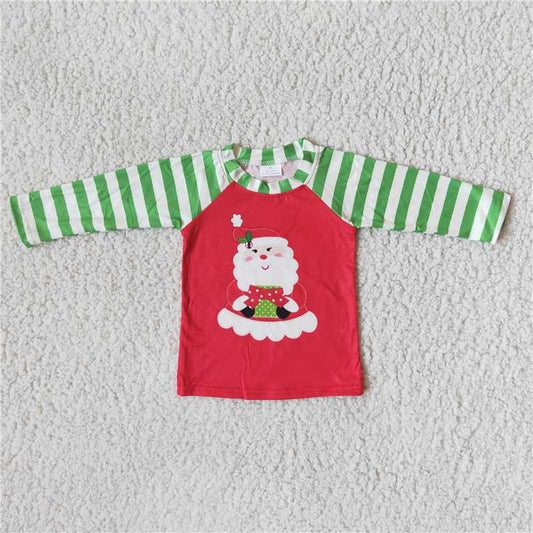 red santa design striped raglan long sleeve top