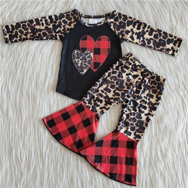 Valentine leopard love print plaid girl set