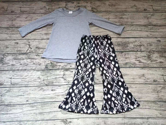 grey top black pattern design long sleeve pants set