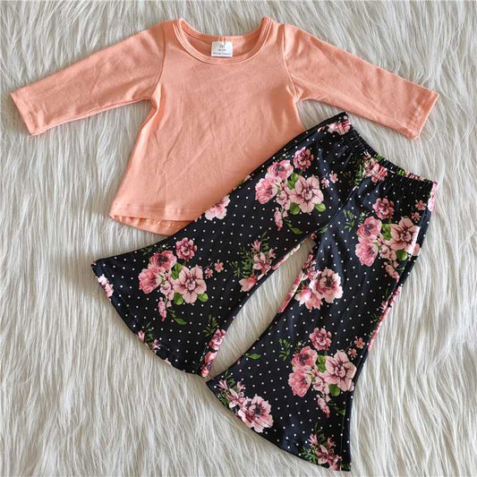 pink flower round neck children outfit