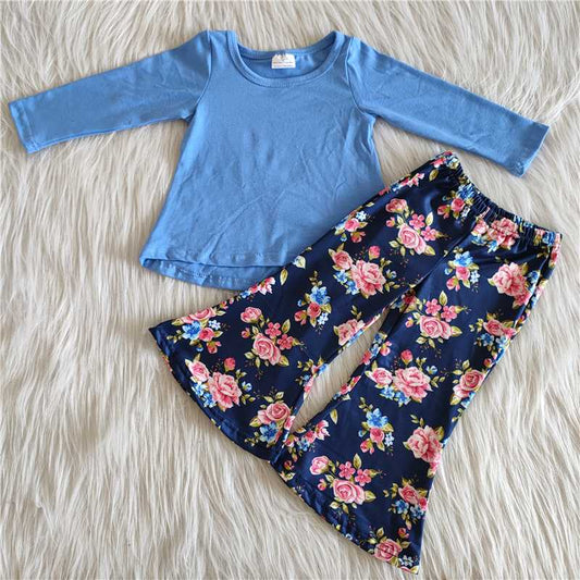 blue flower round neck children outfit