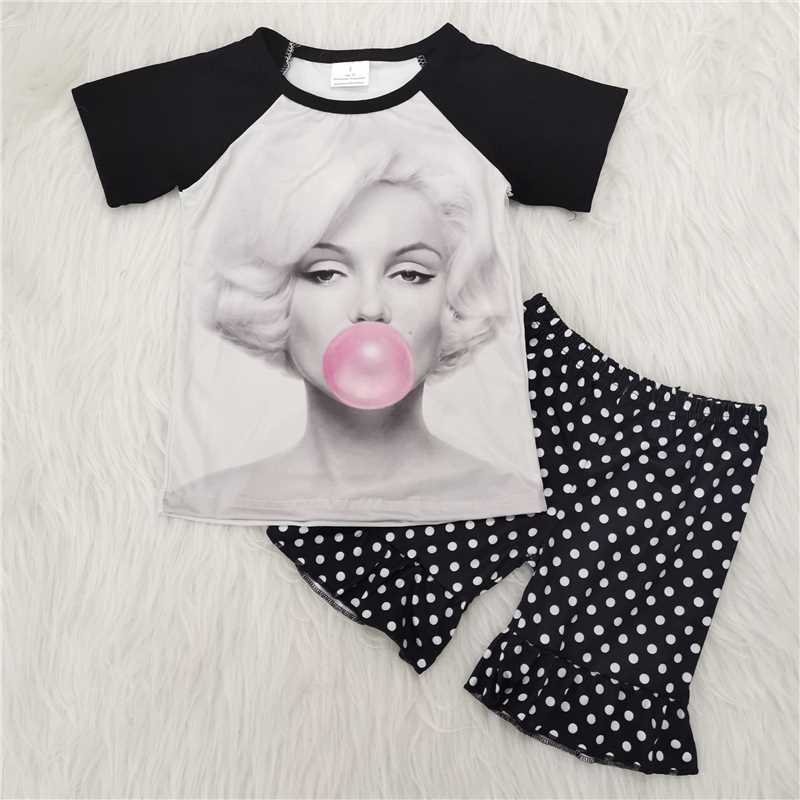 Girls cartoon blowing bubble black wave dot outfit