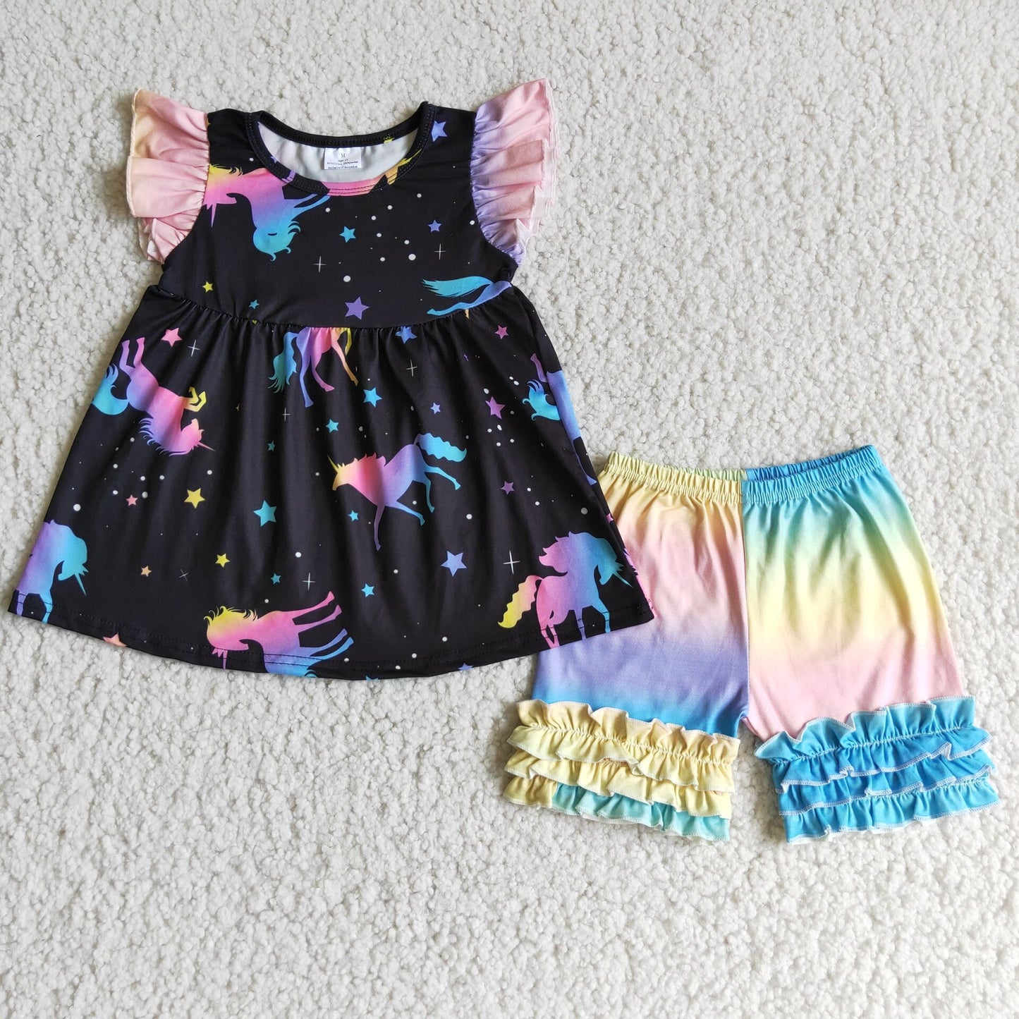 Girls unicorn black flying sleeve lace shorts outfit