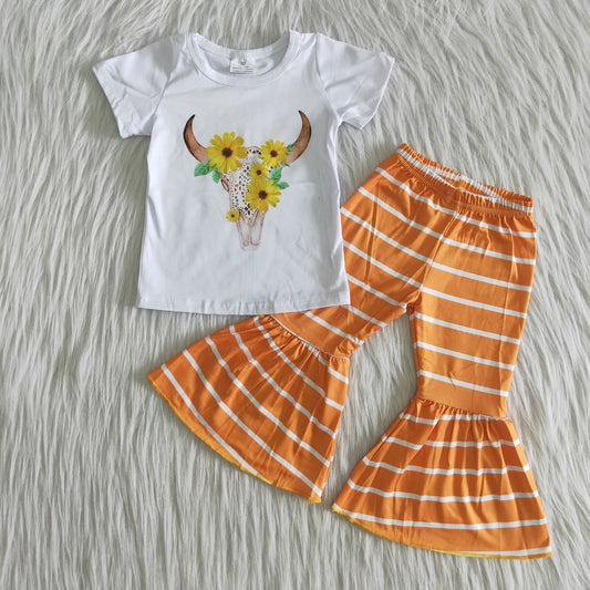 A13-3 Kids Clothing Girls Short Sleeve Top And Long Pants Cow Sunflower Print