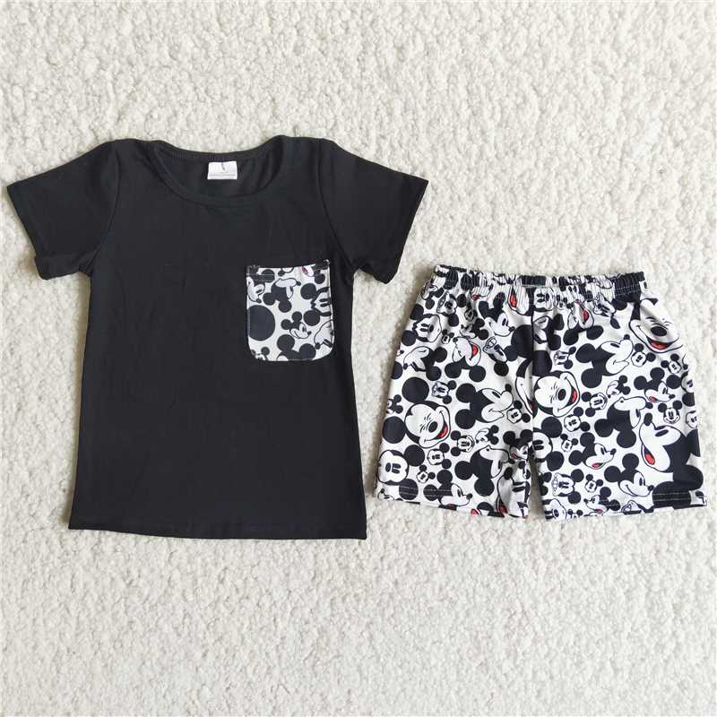 Black Short Sleeve Pocket Cartoon Shorts