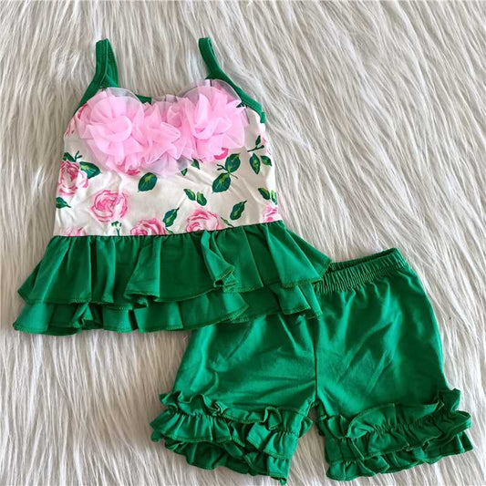 Girls red flower green shorts outfit