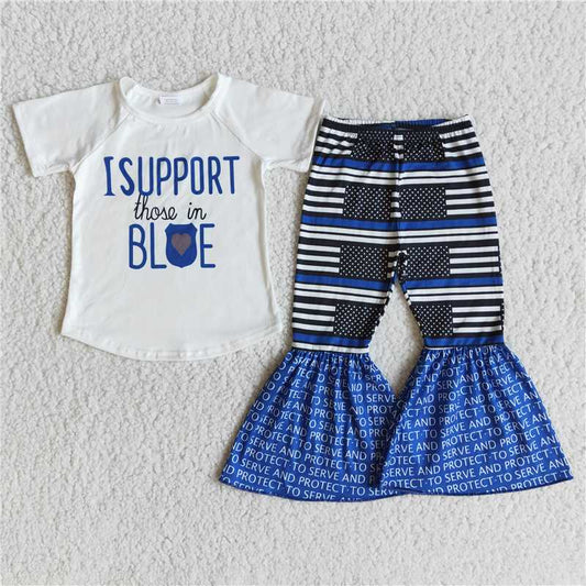 B14-23 White short-sleeved support blue English striped pants