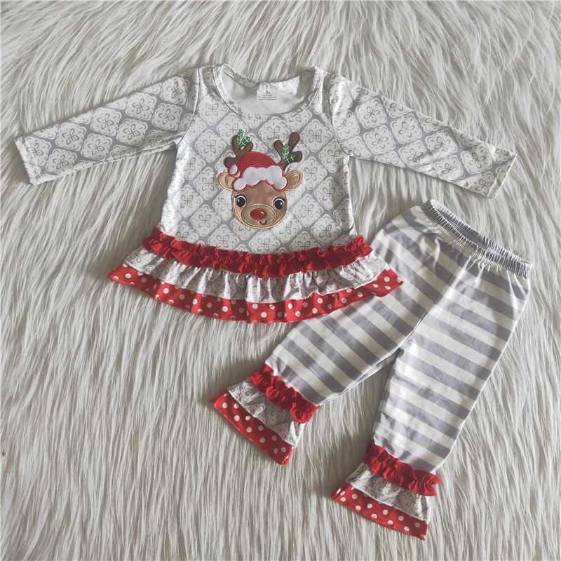 6A13-27 girls christmas outfit long sleeve and long pants deer print
