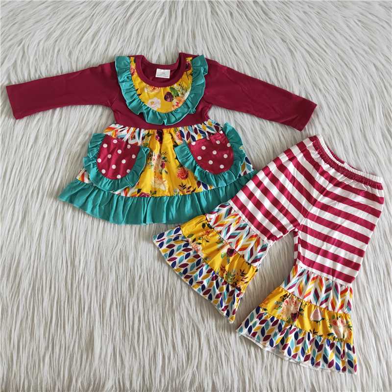 wise red flowers pockets striped long sleeve pants set