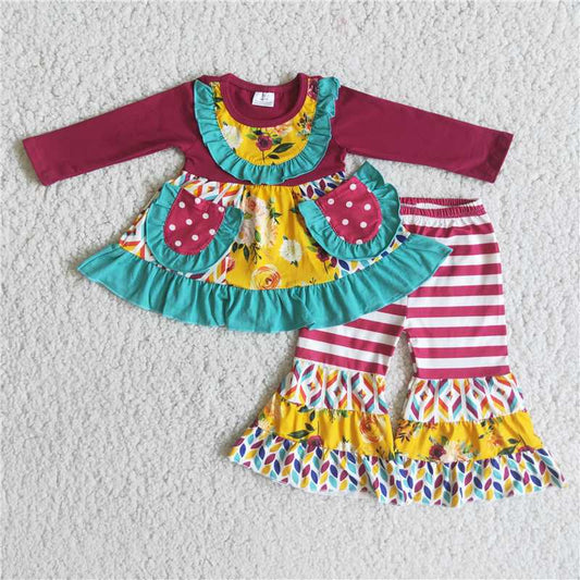 6 B7-36 2 pcs stripe dress top with pants girl outfits