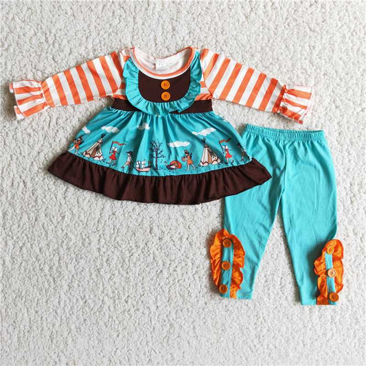 orange buttons dress top legging pants set