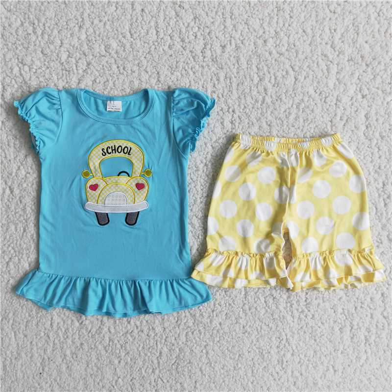 Girls Blue Embroidered School Bus Yellow Polka Dot Suit