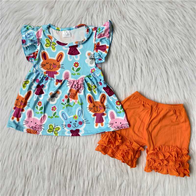 Girls Flying Sleeve Rabbit Short Sleeve Shorts Boutique Set