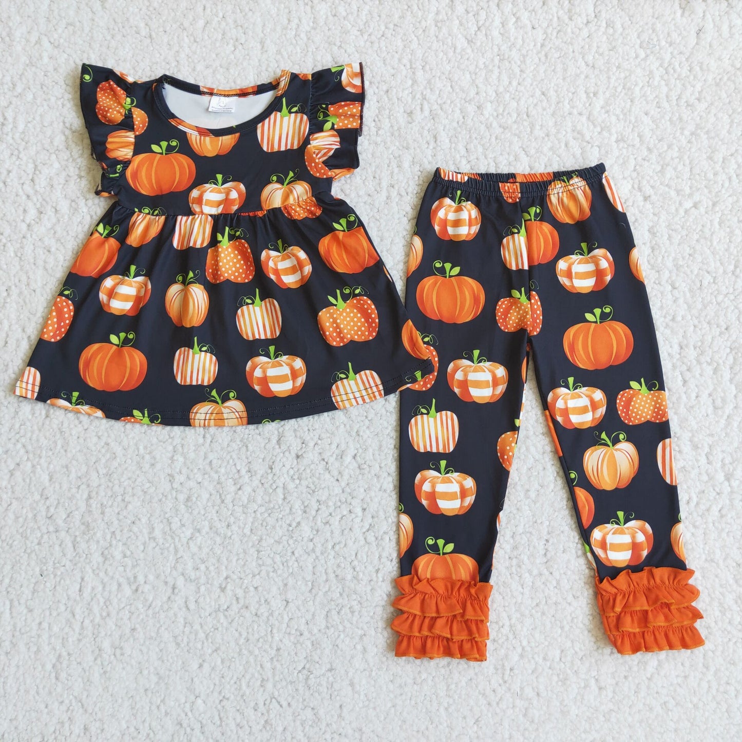 C10-21 Girls Little Fly Sleeve Orange Pumpkin Shorts Lace Trousers Boutique Set