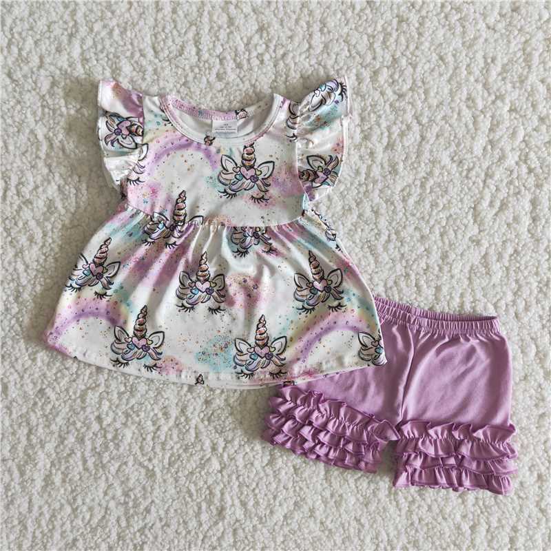 Girls Purple Unicorn Short Sleeve Shorts Set