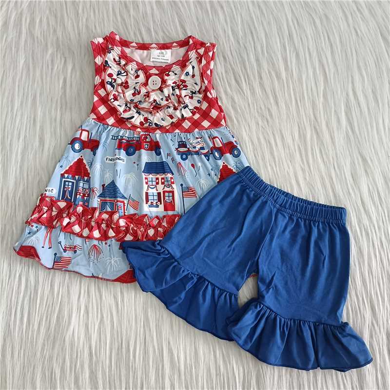 Girls blue buckle sleeveless skirt blue shorts outfit