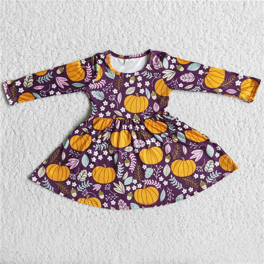 Halloween pumpkin purple flowers print dress