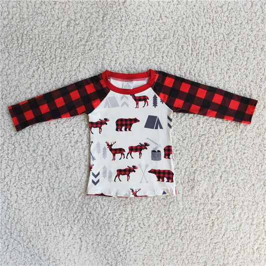 deer design plaid raglan long sleeve top