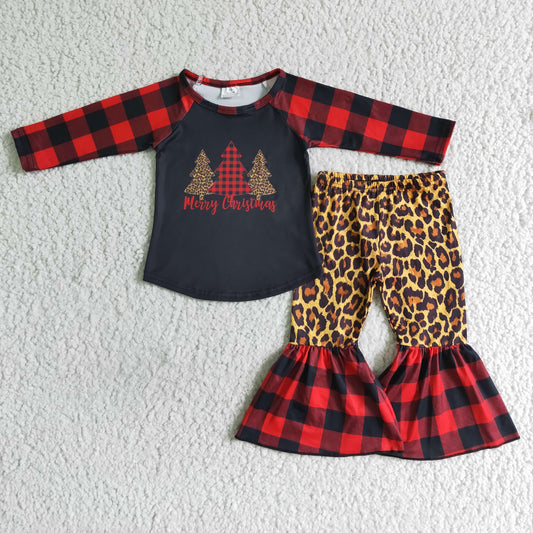 6B12-38   kids clothing Girls Christmas  Long Sleeve Top with Leopard  pants Santa Claus