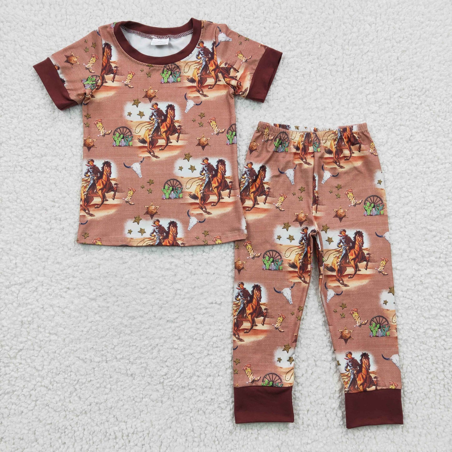 RTS NO MOQ（In Stock）BSPO0061 Boys Riding Cactus Brown Short Sleeve Pants Set