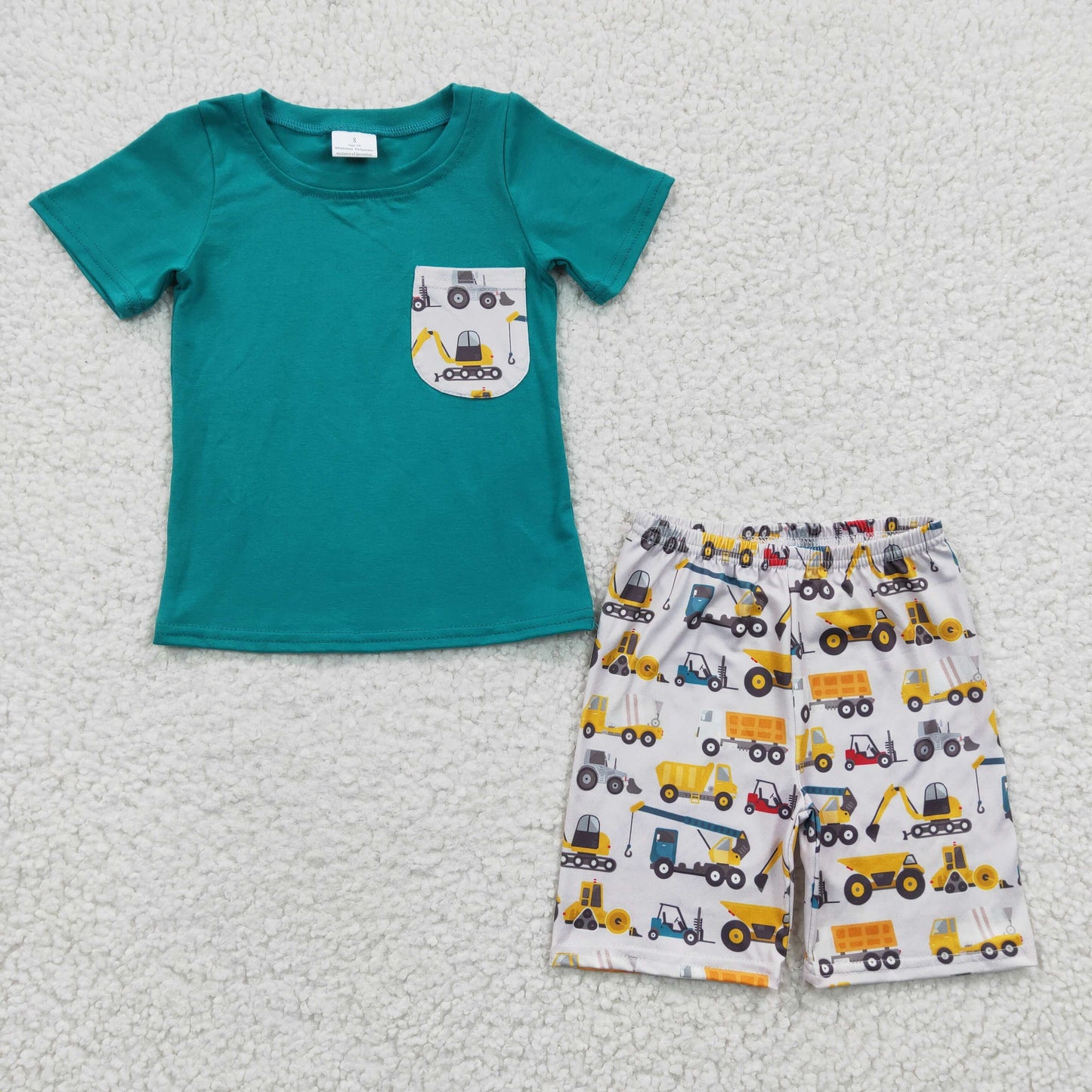 rts no moq BSSO0118 Boys Construction Vehicle Excavator Pocket Blue Short Sleeve Shorts Set