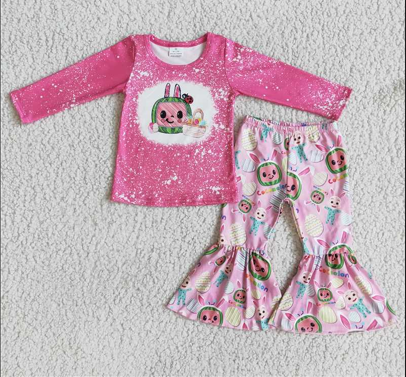 6 A15-19 Baby cartoon print long sleeve long pants girls outfit  milk silk