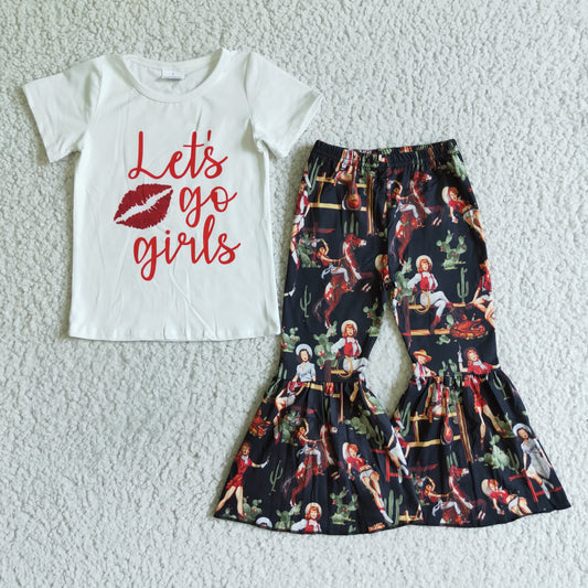 Girls outfit short sleeve long pants set cartoon print