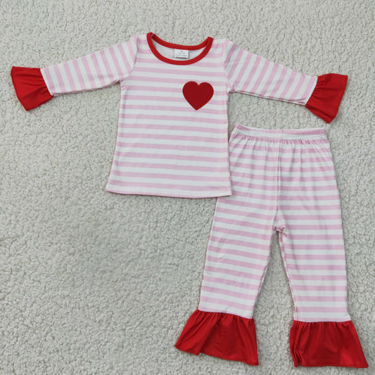 GLP0383 Girls Embroidered Heart Pink Stripe Long Sleeve Trousers Set