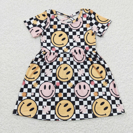 RTS NO MOQ（In Stock ) GSD0336 Smiley Black Plaid Short Sleeve Dress