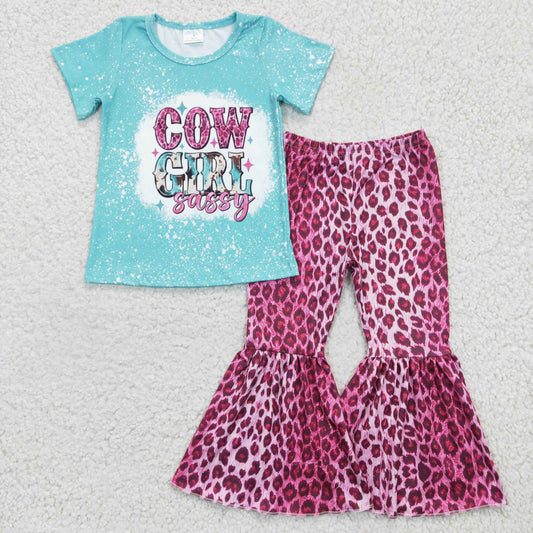 GSPO0307 Girls Cowgirl Blue Short Sleeve Pants Set Milk Silk