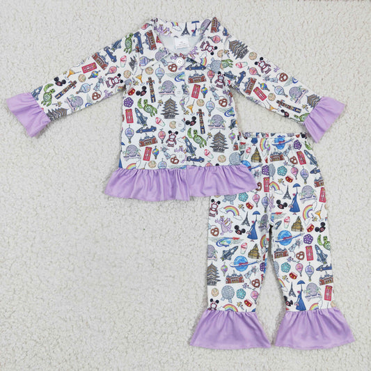 RTS NO MOQ（In Stock ) GLP0357 Kids Clothing Girls Long Sleeve Top And Long Pants Pajamas Cartoon Print