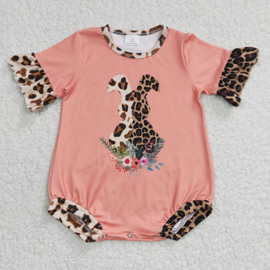 SR0117 Girls Leopard Rabbit Bunny Orange Short Sleeve Jumpsuit