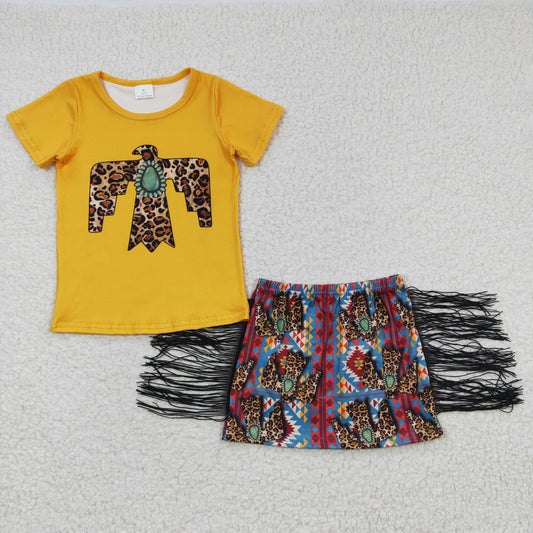 RTS NO MOQ GSD0287 Girls Leopard Gem Eagle Short Sleeve Tassel Shorts Set