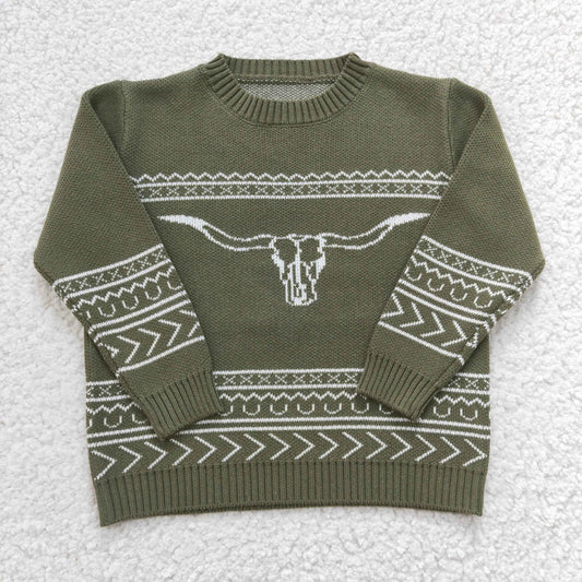 BT0178 boys clothing long sleeve green sweater cow print
