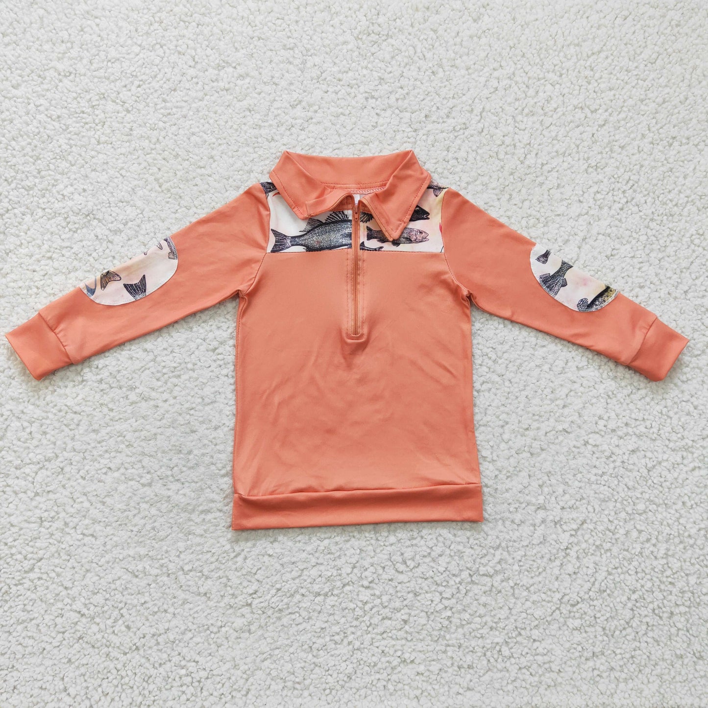 RTS NO MOQ ETA 5/7days Arrived BT0128 Boys Fishing Orange Zip Long Sleeve Top