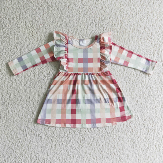 GLD0117 baby clothing colorful lattice long sleeve kids dresses for girls milk silk