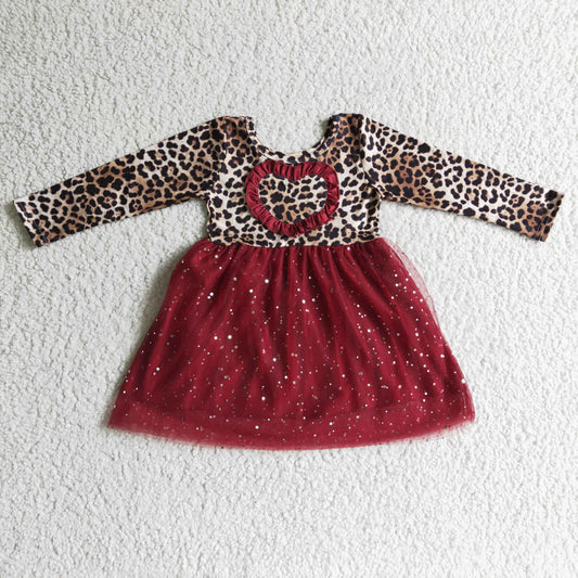 GLD0139 Girls Heart Leopard Print Mesh Long Sleeve Dress