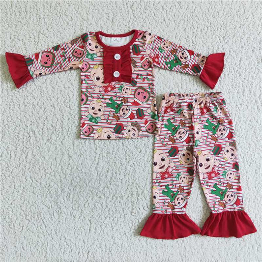 RTS NO MOQ ETA 5/7days arrived 6 A6-29 kids clothing Girls Christmas  Long Sleeve Top with pants set