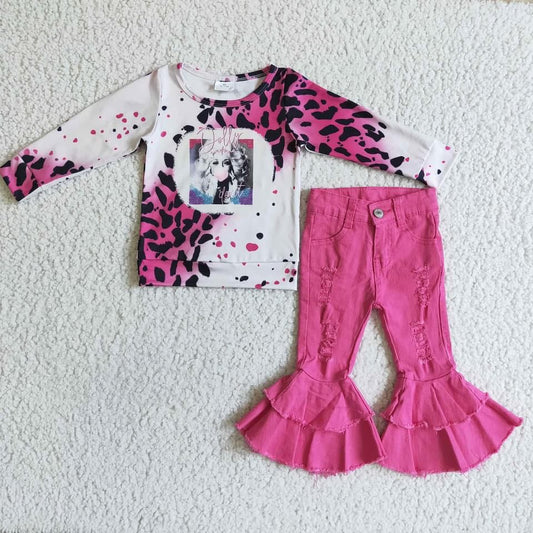kids clothes long sleeve top with denim pants set