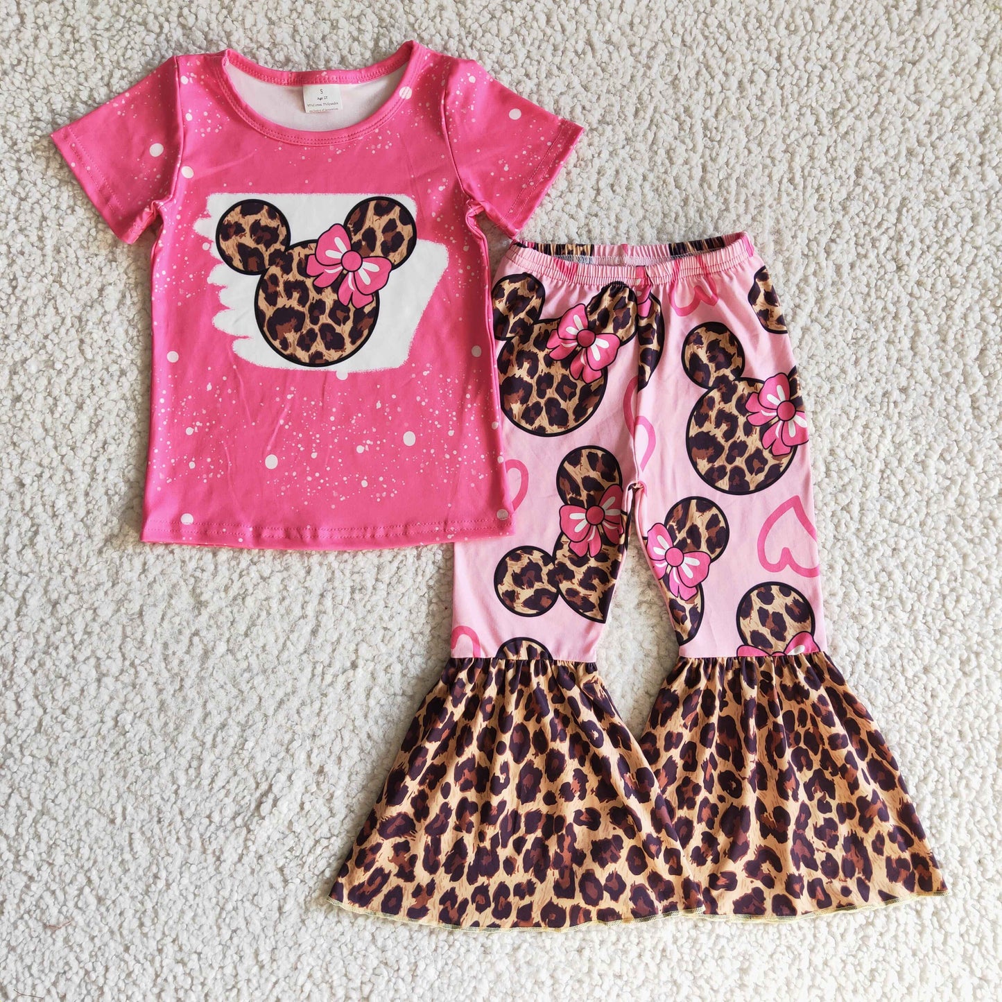 RTS NO MOQ GSPO0225 Kids Clothing Girls Short Sleeve Top And Long Pants Cartoon Leopard Print
