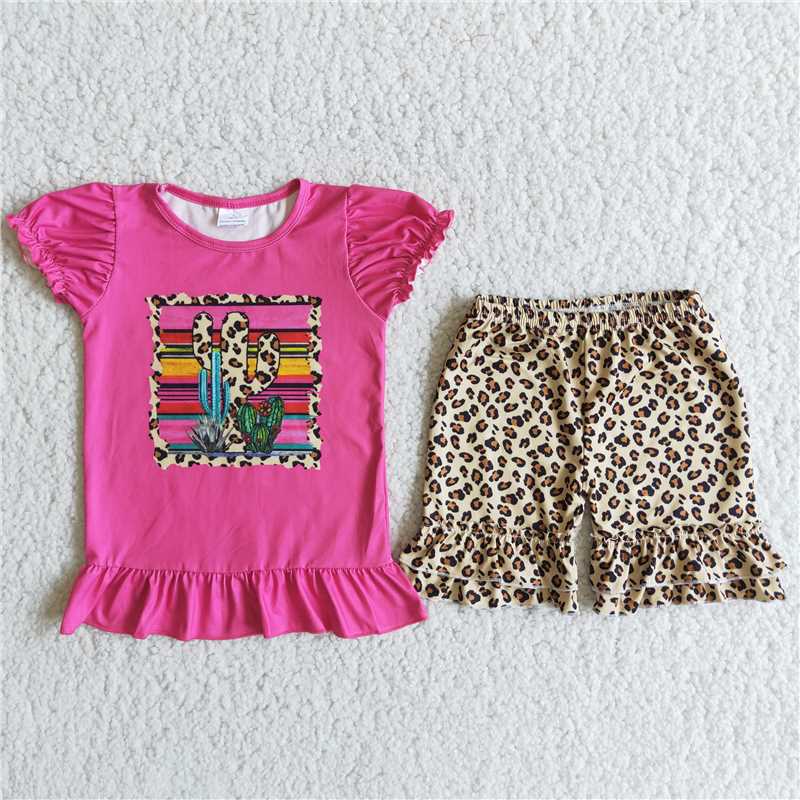 Girls Cactus Rose Red Top Leopard Print Shorts Set