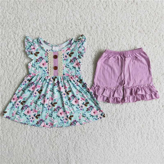 Girls purple floral flying sleeve shorts outfits