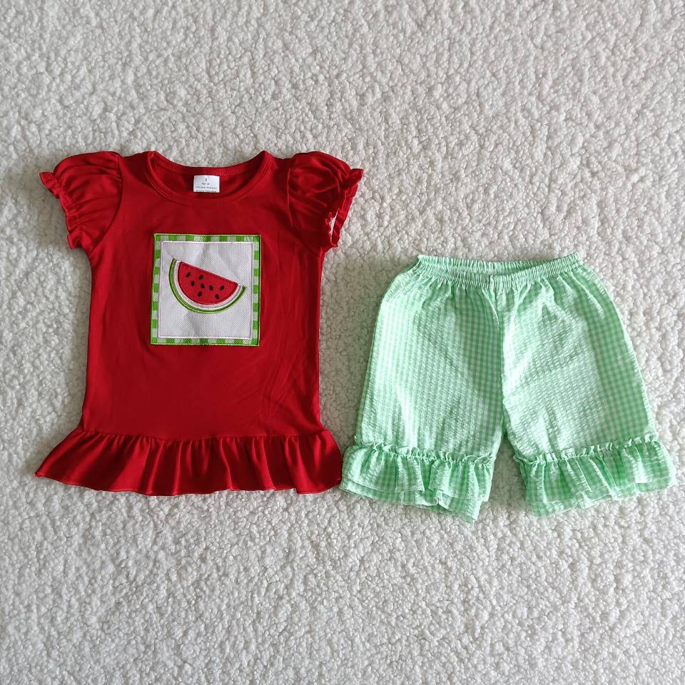 Girls Watermelon Red Short Sleeve Green Shorts Suit