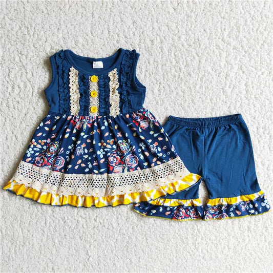 Girls blue lace buckle sleeveless outfit