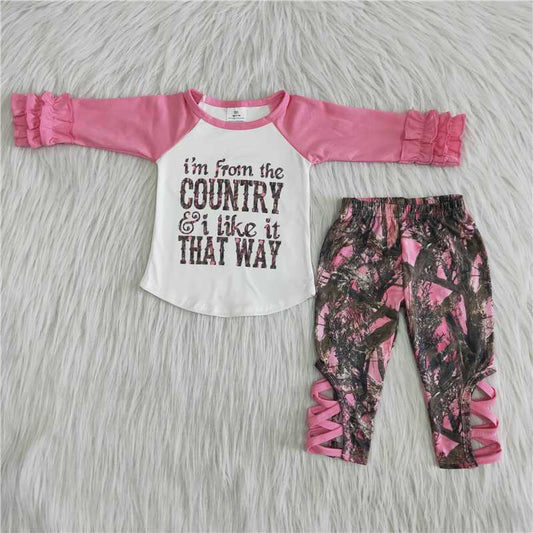 pink camo lace up trousers girl set